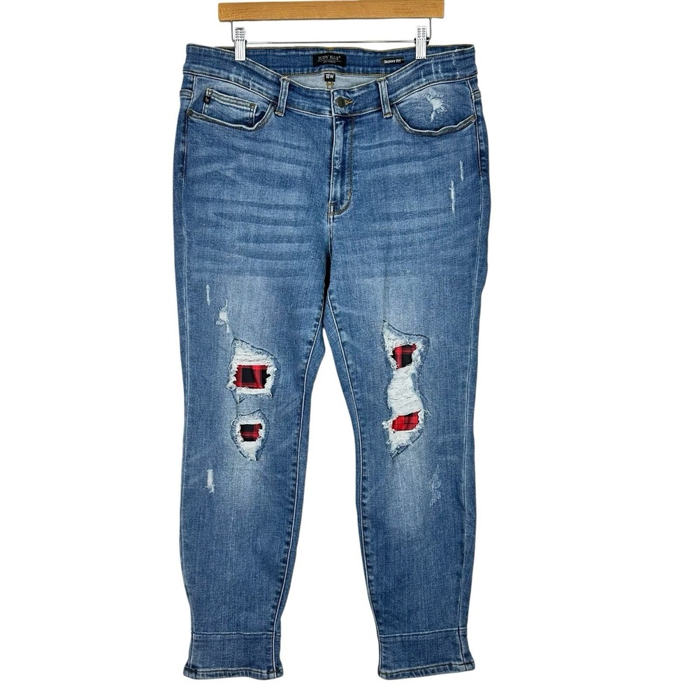 Judy Blue Skinny Jeans Womens 18W‎ Distressed Buffalo Plaid Patch Stretch Denim